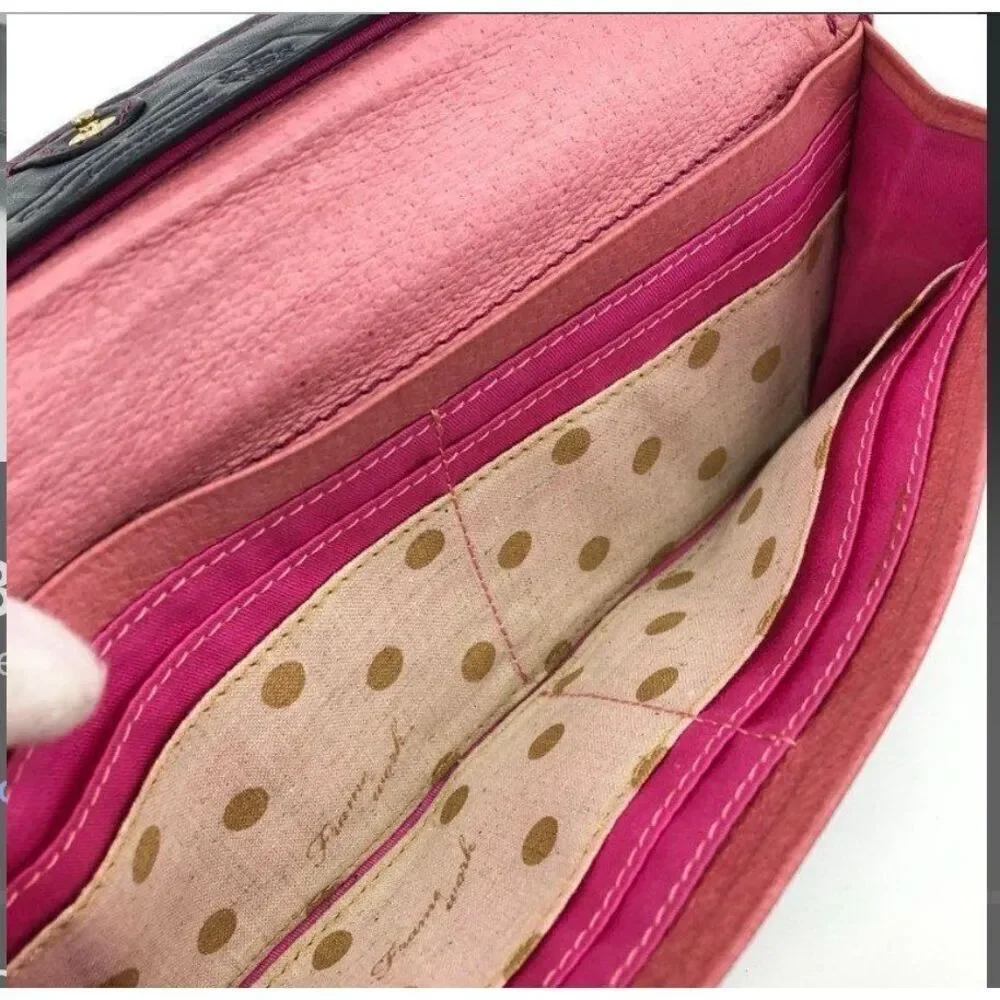 Frame Work Black Leather Long Wallet Hot Pink Contrast Stitch Accent Y2K Style
